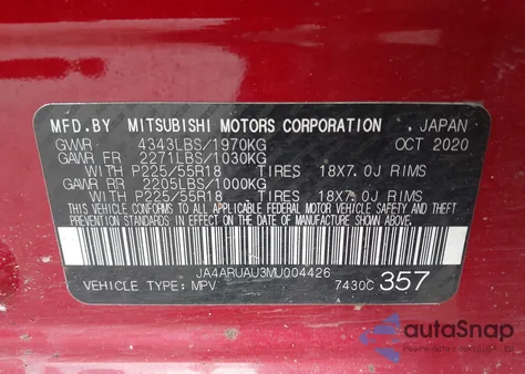 2021 Mitsubishi Outlander Sport 2.0 Be Awc/2.0 Le Awc/2.0 Se Awc/Es из США, поврежденный, VIN JA4ARUAU3MU004426